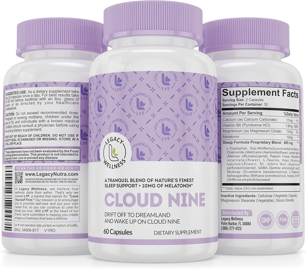 Cloud 9 - All Natural Sleep Aid Supplement - Relaxing Vitamina & Herbal Formula - 10mg Melatonina Calciu Magnisium L-Theanin 5-HTP GABA St. John's Wort Ashwagandha Chamoseel & More 60 Vegan Capsule