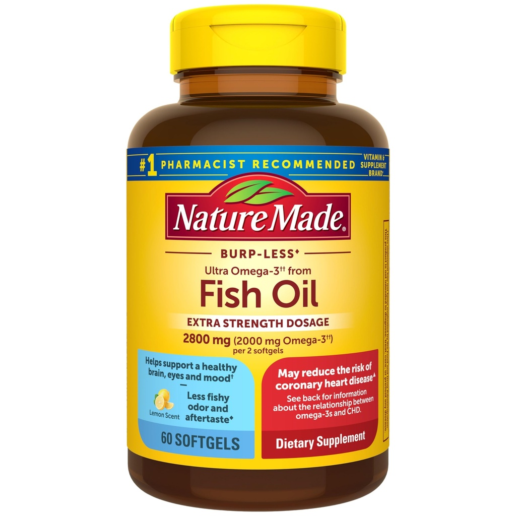 Natura Made Extra Putere Omega 3 Suplimente de ulei de pește, 2800 mg, ulei de pește Omega 3 Suplimente ca Esteri de etil pentru inima sanatoasa, creier, ochi, suport mood, 60 Softgels, 30 zile de aprovizionare