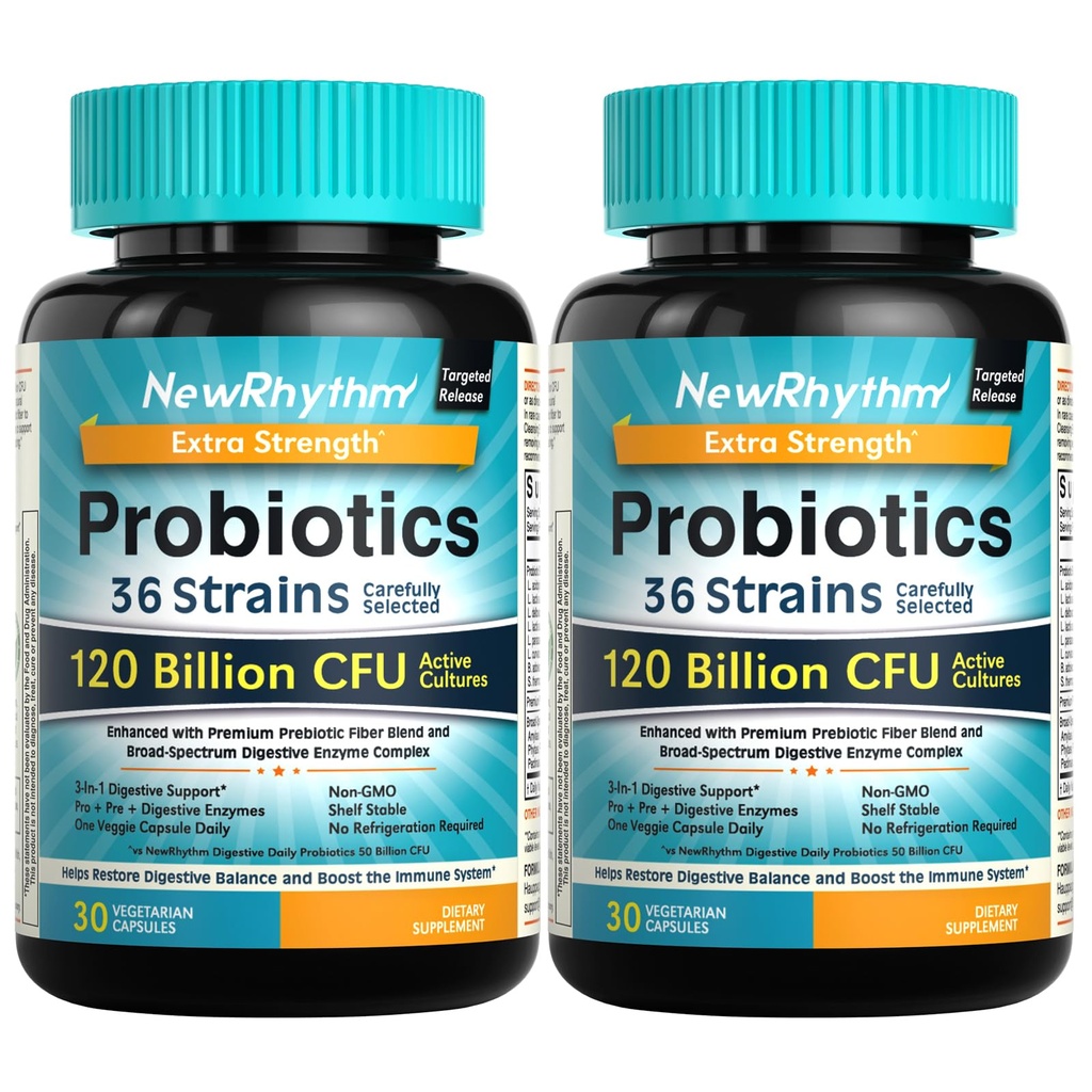Probiotice NewRhythm 120 Miliarde CFU 36 Tulpini, 3-in-1 Probiotice pentru Digestive Health & Immune Support with Prebiotics & Enzime, Probioticos for Women & Men, Vegan Targeted Release Supplement, 60ct