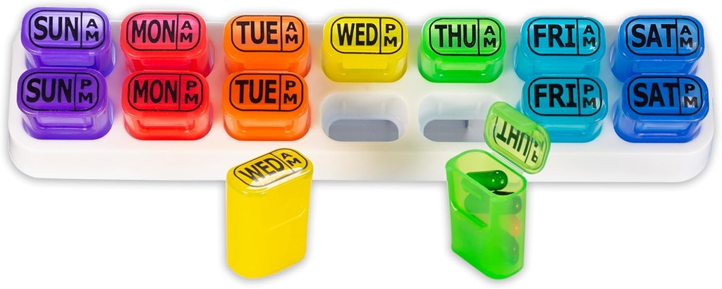 GMS Weekly Pill Organizator - 7 zile AM/PM Pop out pastile pentru suplimente, vitamine și medicamente - Ideal pentru utilizare zilnică și de călătorie - Rainbow