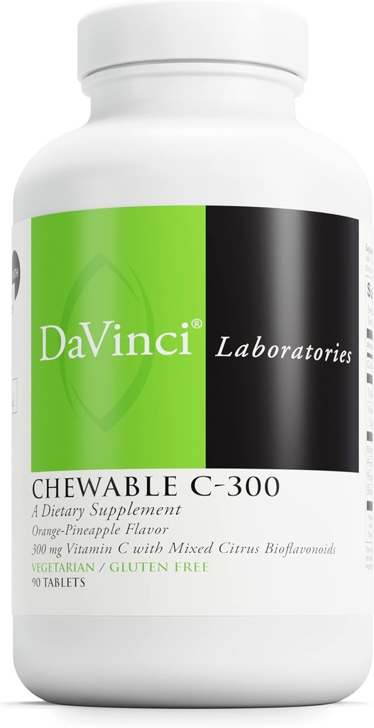 DaVinci Labs Chewable C-300 - Supliment pentru a sprijini Immune Health, Colesterol și Colagen Production - Cu vitamina C, Pectin și mai mult - Gluten-Free - Orange Ananas Flavor - 90 comprimate vegetariene