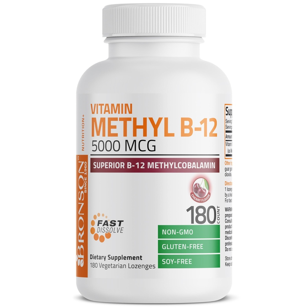 Bronson Metil B12 5000 mcg Vitamina B12 Metilcobalamină Energie și suport pentru creier, 180 Lozenge