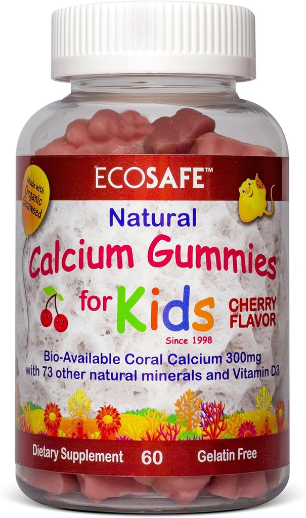ECO SIGUR Vitamina de calciu Coral D3 Copii Gummy, Aroma de cireşe naturale, Non OMG, Gluten-Free, lactate-Free, Soy-Free și Gelatină - 300 mg de calciu, și 800 UI de vitamina D3-60 Gumies (2 ambalaj)