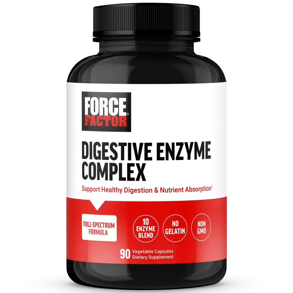 Force FACTOR Enzime Digestive Complex pentru a sprijini Digestive Health, Gut Health, și de a oferi ajutor Blooting pentru femei și bărbați, Full-Spectru 10 enzime digestive, non-GMO, 90 capsule