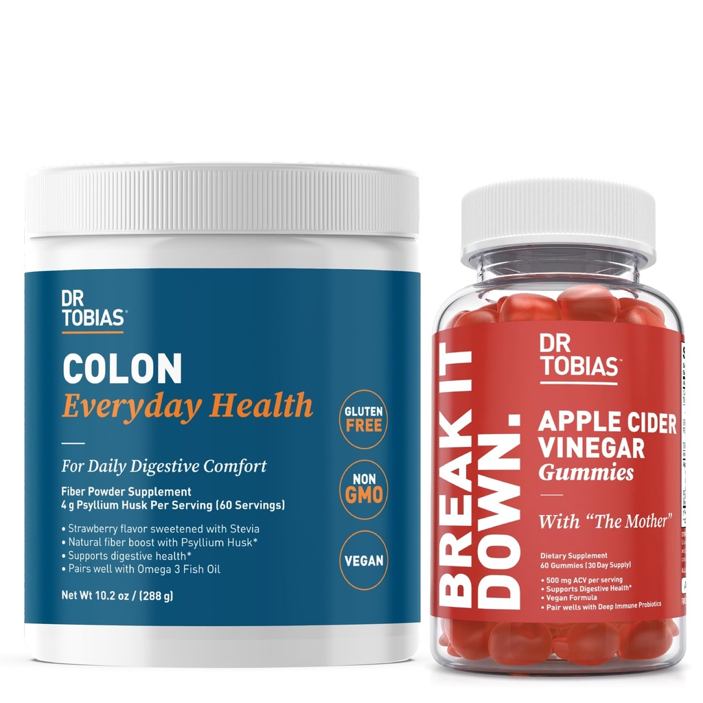 Dr. Tobias Apple Cider Otet Gumries & Colon Sănătate în fiecare zi - Daily Digestive, Detox și Cleanse Suport cu ACV Gummies & Psyllium Husk Powder