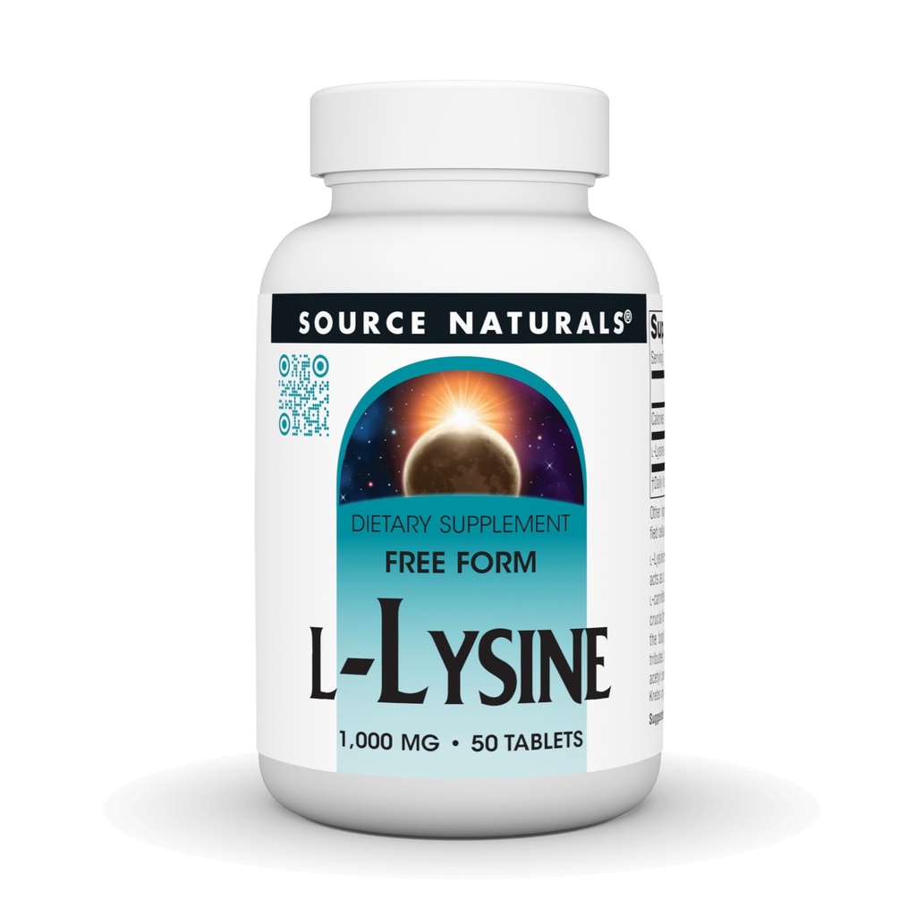Sursa Naturals L-Lysine Free Form, 1000 mg - Amino Acid Supplement Supplement Supports Energy & Formation of Colagen* - 50 Tablets