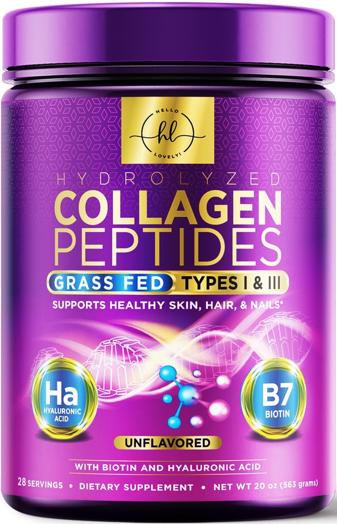 Colagen Peptides Powder 20G cu acid hialuronic & Biotin, iarbă nearomatizată Pudră hidrolizată Fed Tip I & III - Suporturi păr, unghie, piele, os și articulație - Cele mai bune suplimente Colagen - 28 Serviri