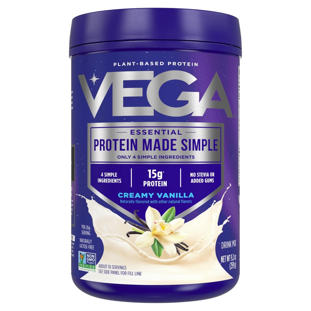 Vega Proteina făcut praf de proteine simplu, Vanilie - Stevia gratuit, Vegan, pe bază de plante, sănătos, gluten gratuit, Pea Proteina pentru femei și bărbați, 9.2 oz (Packing May Vary)