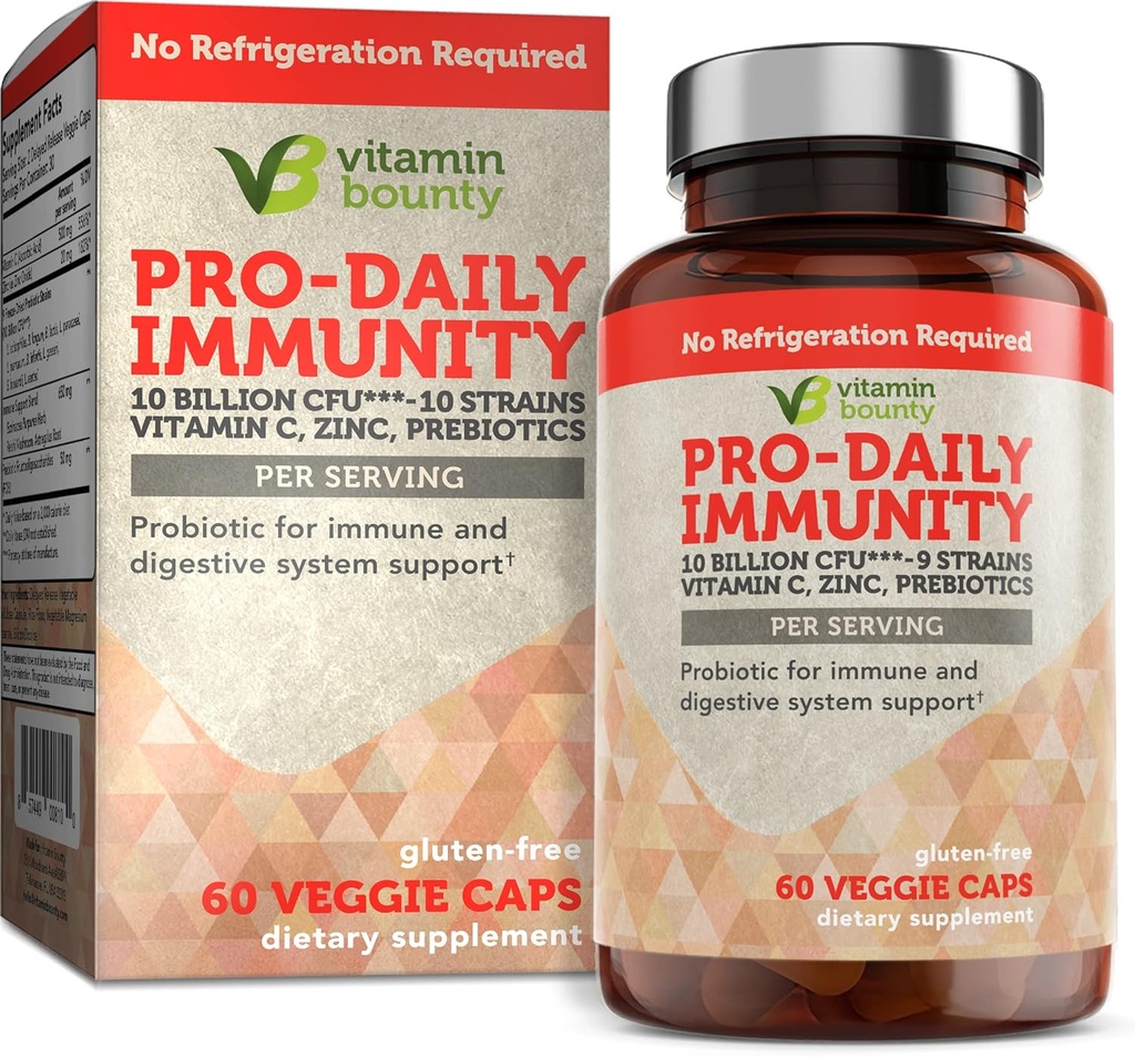 Vitamina Bounty Pro-Daily Probiotic - 10 Miliarde CFU Blend, Zinc & Vitamina C pentru sanatate digestiva, Suport Imun si Probiotice pentru femei si barbati - 60 Capsule