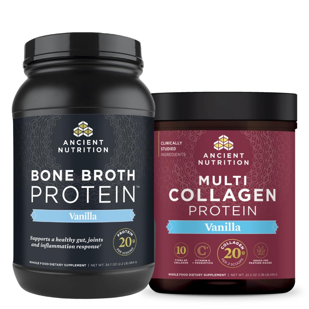 Nutritie antica Pudră de proteine de Broth osoase, Vanilie, 40 Serviri + Multi Colagen Pulbere Proteina, Vanilie, 60 Serviri