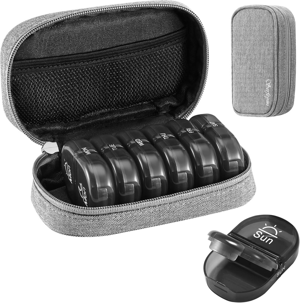 Serfeymi Weekly Travel Pill Organizator 2 Times A Day AM PM Upgraded Black Pill Box 7 Ziua cu Portable Zipper Canvas Pill Case, Medicina Organizator pentru pastile, vitamine, suplimente, uleiuri de pește - Grey 01