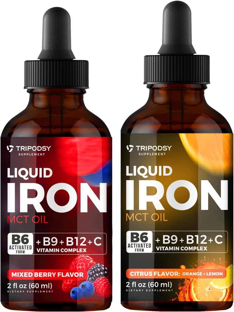 Supliment de fier lichid, Picături de fier, Femei și Bărbați, B6, B9, B12, Vitamina C, Anemie, Blood Builder, Folate, Red Blood Celula, Suport Immune, Ulei MCT, Citrus, mixt Berry