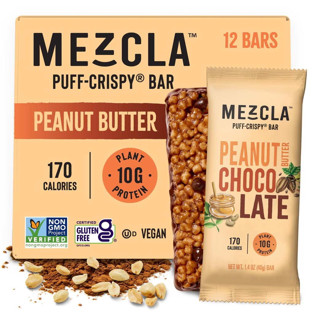 Mezcla Puff Proteine Baruri, Gluten gratuit și Vegan Proteine Baruri, 10g Proteina, Alta pentru Crispy Rice Treat, Granola Baruri și mic dejun Baruri, Sanatos gustari pentru adulți, Unt de arahide Ciocolată, 12 Pack