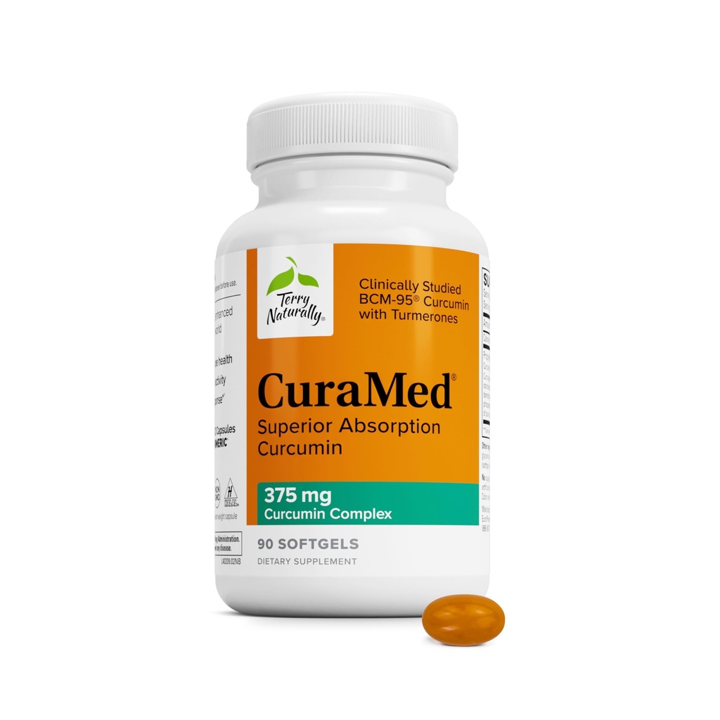 Terry Natural Curamed 375mg - Supliment antioxidant pentru Brain & Imuna de sprijin pentru sanatate - Supliment alimentar cu Curcumin si ulei esential Turmeric - Suport hepatic Herbal - 90 Softgels
