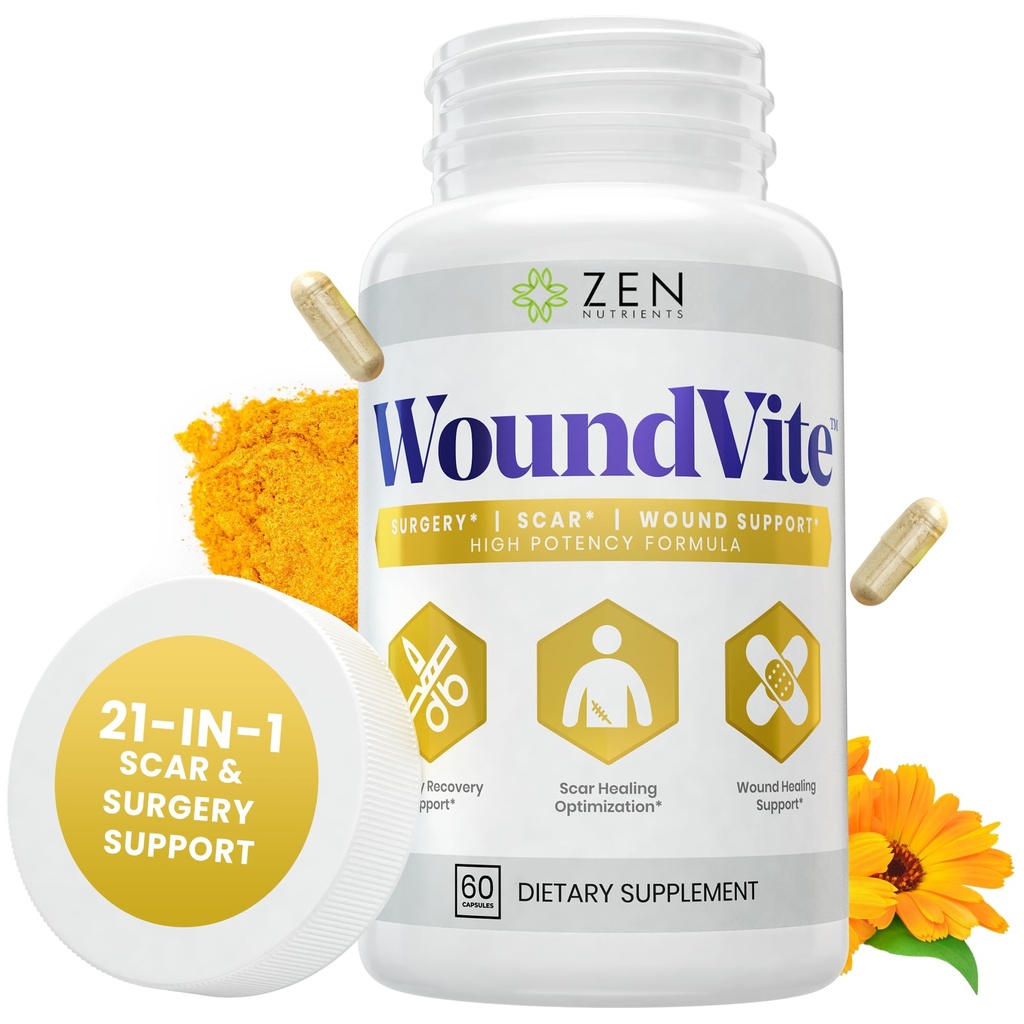 Zen Nutrients WoundVite Pre & Post Chirurgie Support, Scar & Wound Care, Tratamentul cicatricilor, Chirurgie Plastica si Generala, Vindecarea mai rapida si SIDA in timpul de recuperare w/Bromelaina, Turmeric & Arnica - 60 Vegan Caps
