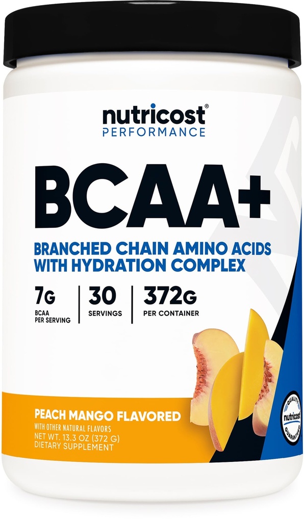 Nutricost BCAA + pulbere de hidratare (Peach Mango) 30 Serviri - Aminoacidi din lanturi ramificate cu complex de hidratare - Gluten-free, non-GMO