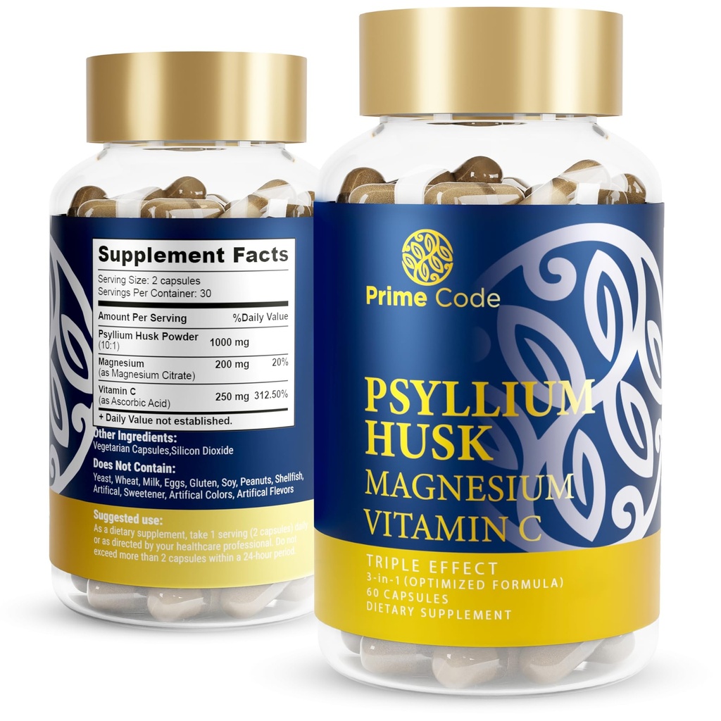 Prime Code [3 in 1] Capsule Psyllium Husk cu Citrat de magneziu și vitamina C 