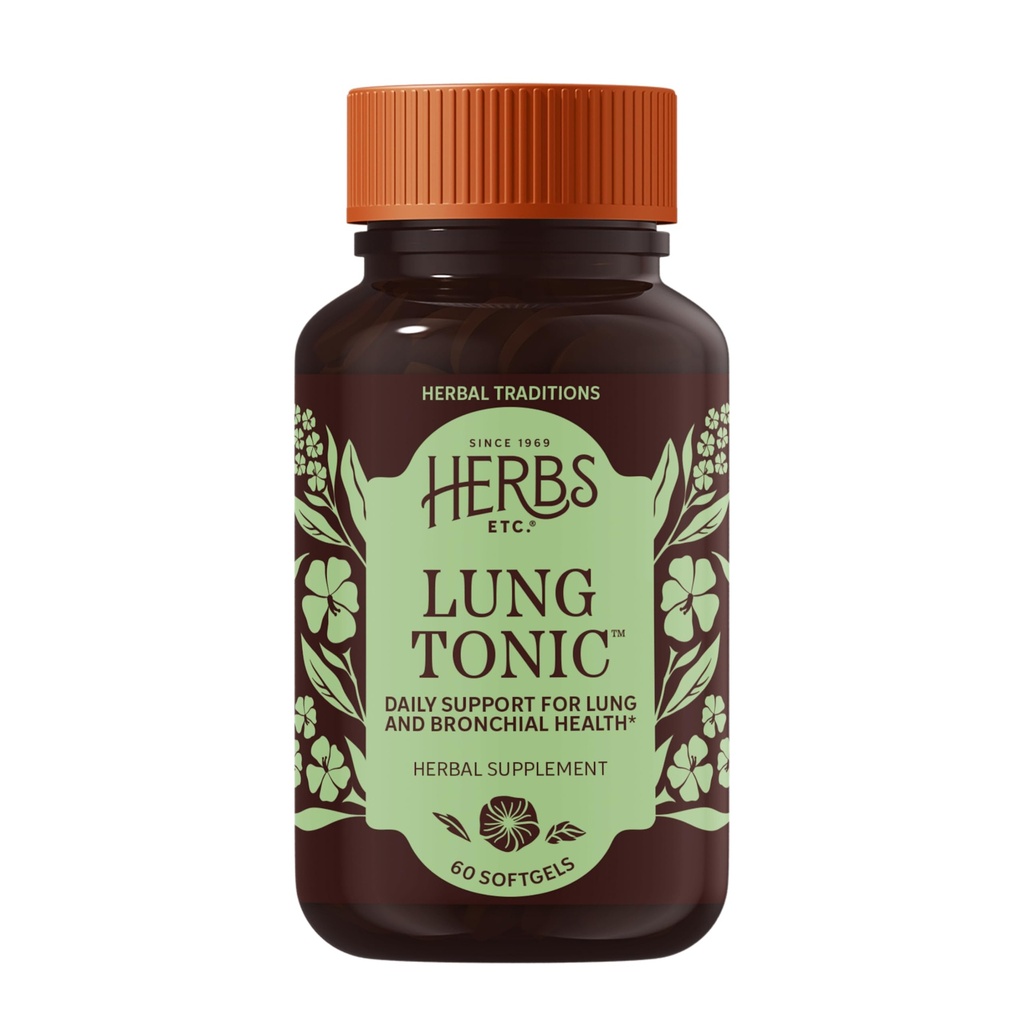 Herbs Etc. Lung Tonic - Suplimentul pulmonar pentru suport bronşic - Suport respirativ sănătos cu Mullein, Horehound & Grindelia - 60 Softgels