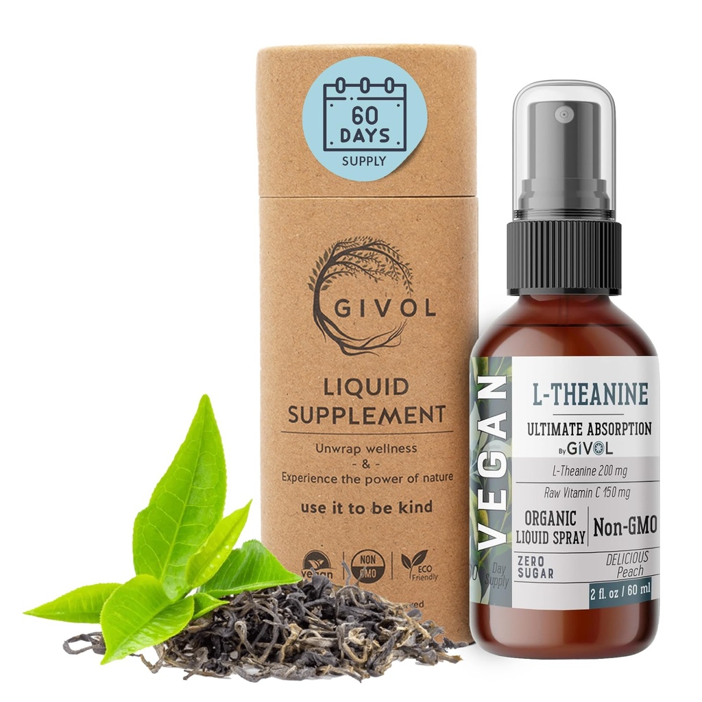 200mg L-Theanine & 150mg Vitamina C Spray lichid pentru copii si adulti - aroma de extract de piersici reale - non-GMO, gluten gratuit, zahăr liber, alcool liber, toate naturale - 2 Fl Oz 60 zile de aprovizionare