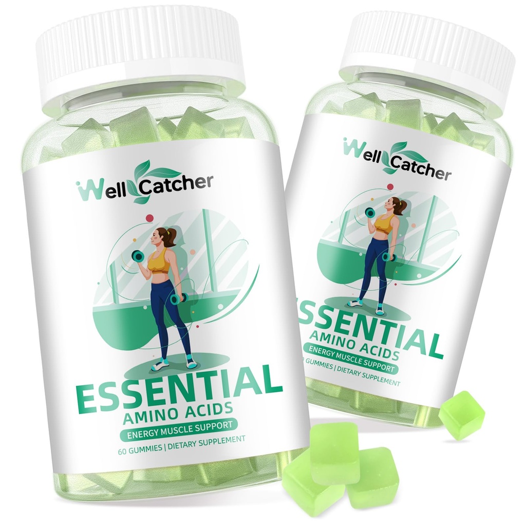 EAA Gummies Aminoacidi esențiali - 60 zile de aprovizionare Toate 9 Aminos esențiale și toate aminos lan ramificat (BCAA) Zahăr fără suport de recuperare musculare energie non OMG verde aroma de mere