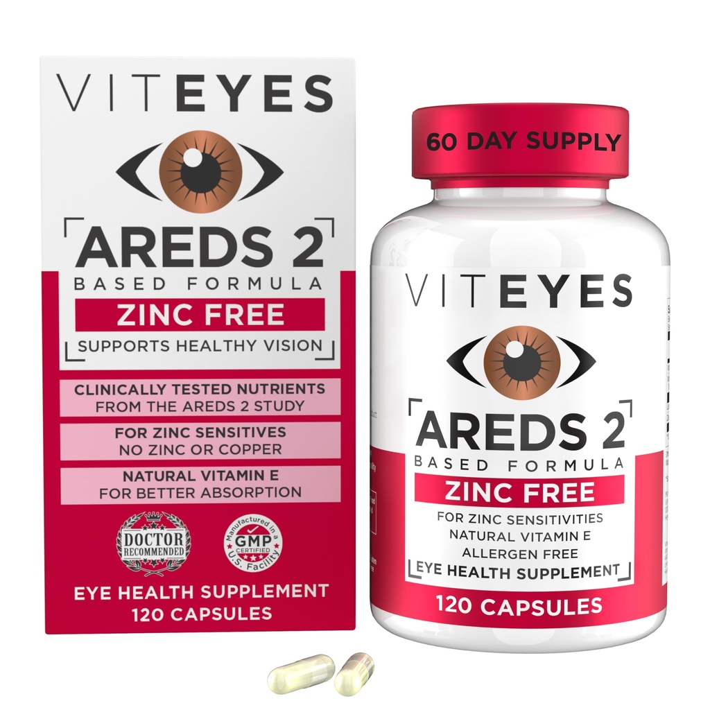 Viteyes AREDS 2 Zinc gratuit de suport macular, capsule naturale Allergen gratuit cu vitamina E, vitamina C, lutein & Zeaxantină, fără zinc, fără cupru, ochi de încredere, fabricate în Statele Unite ale Americii, 120 Ct