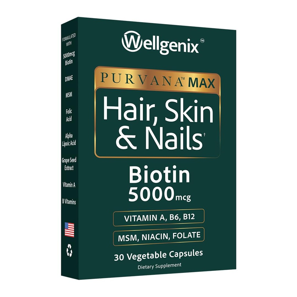 Wellgenix Purvana Max Păr, Piele şi unghii Vitamina - Dublu Putere Biotin 5000 MCG, VIT A & B, Acid folic, Extract de semințe de struguri - Suplimentul de sprijin pentru par - 30 capsule (Pachet de 1)