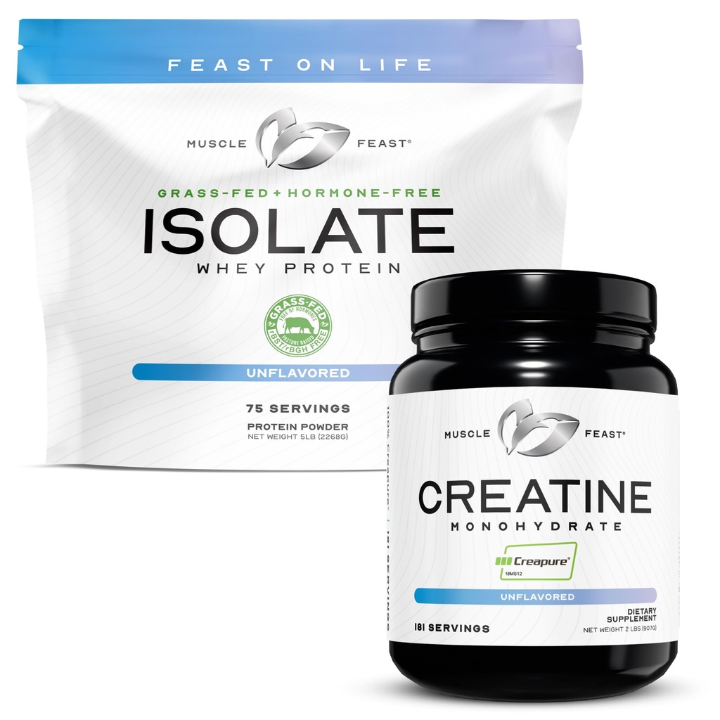 Creatina creaptură musculară Monohidrat - 2lb nearomatizat (x1) și izolat Whey pulbere de proteine - 5lb neflavorat (x1) - Recuperare musculară și de performanță Bundle