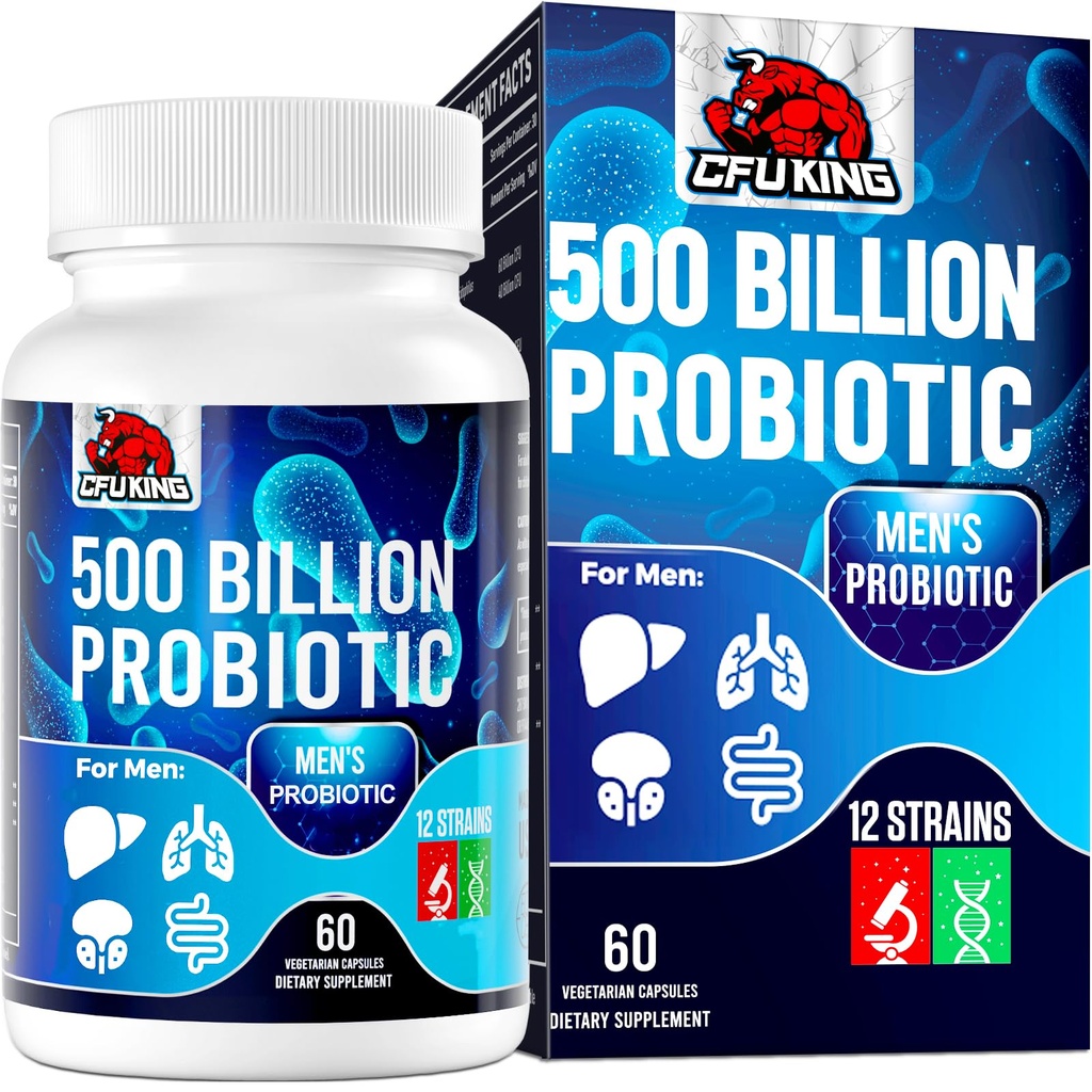 Probiotice pentru bărbaţi, 500 Miliarde CFU & 12 Mens Probiotic pentru Digestive Health + 4 Organic Prebiotic Fiber, pentru Digestive, Gut, Immune Health, Blooting, Gaz, Energie Suport, Perioada de valabilitate Stabil - 60 Capsule