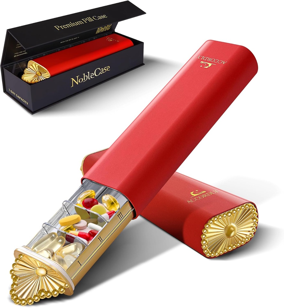 Premium Weekly Pill Organizator, 7-Day Compact Pilula Case pentru Purse, Lightweight Gold Aluminum Pilula pentru vitamine, Medicina, Suplimente, Cadou de wellness de lux