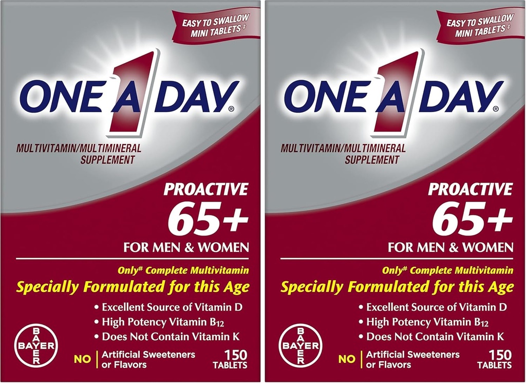 ONE A DAY Proactive 65+, Mens & Womens Multivitamin, Supplement with Vitamin A, Vitamin C, Vitamin D, and Zinc for Immune Health Support*, Calcium, Folic Acid & More, Tablet 150 Count (Pack of 2)