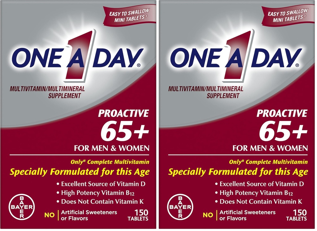 ONE A ZI Proactive 65+, Mens & Womens Multivitamine, Supliment cu vitamina A, Vitamina C, Vitamina D şi Zinc pentru Imun Health Support*, Calciu, Acid folic & More, Tablet 150 Count (Pachet de 2)