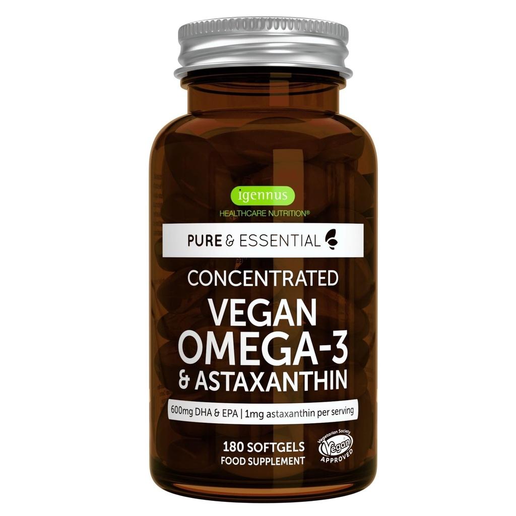 Igennus Vegan Omega-3 Natural Trigliceride Ulei de alge, DHA & EPA supliment acid gras, 180 Small Softgels cu Astaxantină, Easy-to-Swallow, Pure & Sustenabil, 90 Serviri