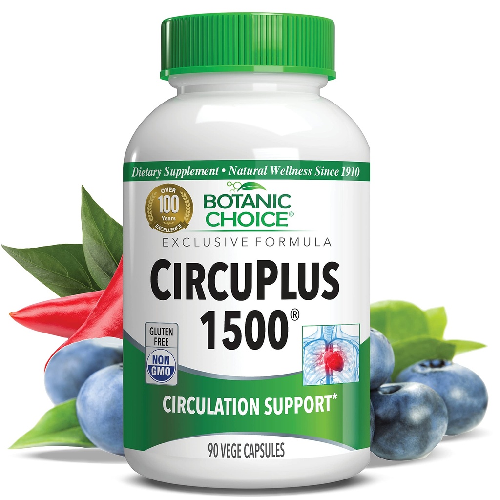 Alegerea botanică CircuPlus 1500 - Heart Health & Circulation and Vein Supplement - Vitamina B1, Cayenne Pepper, Hawthorn, Ginkgo Biloba pentru adulți Bărbați și femei (90 capsule)