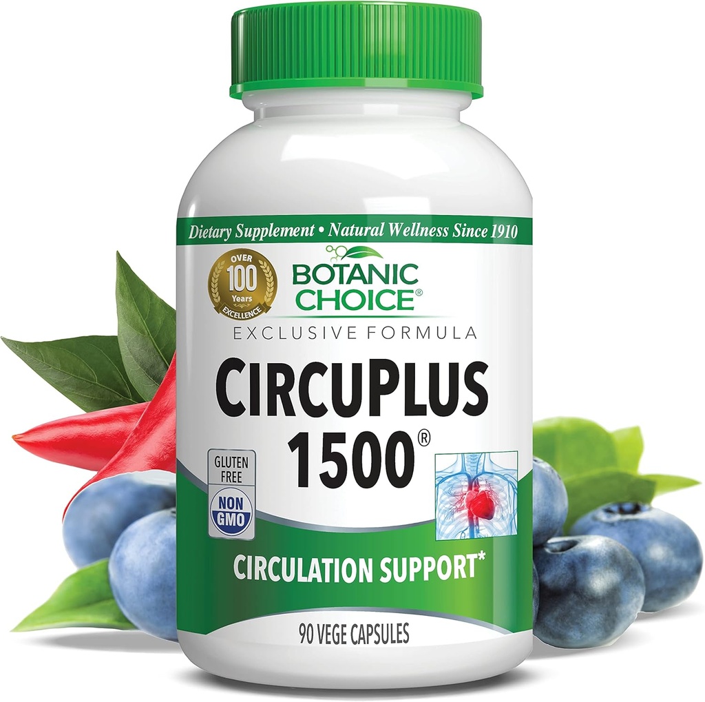 Alegerea botanică CircuPlus 1500 - Heart Health & Circulation and Vein Supplement - Vitamina B1, Cayenne Pepper, Hawthorn, Ginkgo Biloba pentru adulți Bărbați și femei (90 capsule)