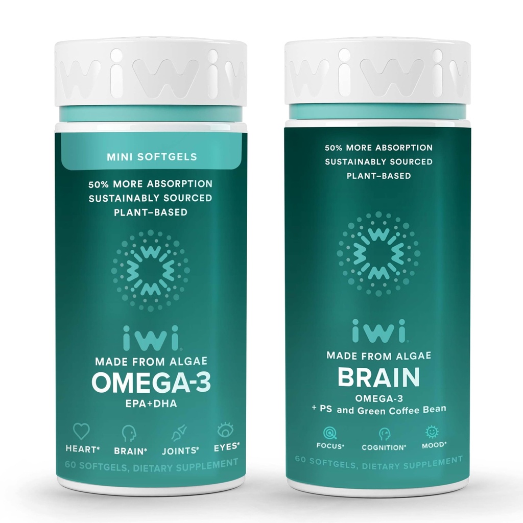 Iwi Omega-3 Minis & Brain Omega-3 Bundle, 30 Servings, Algae Omega pe bază de plante Vegane 3 cu EPA + DHA, Krill & Fish Oil Alternative, No Fishy Aftergust