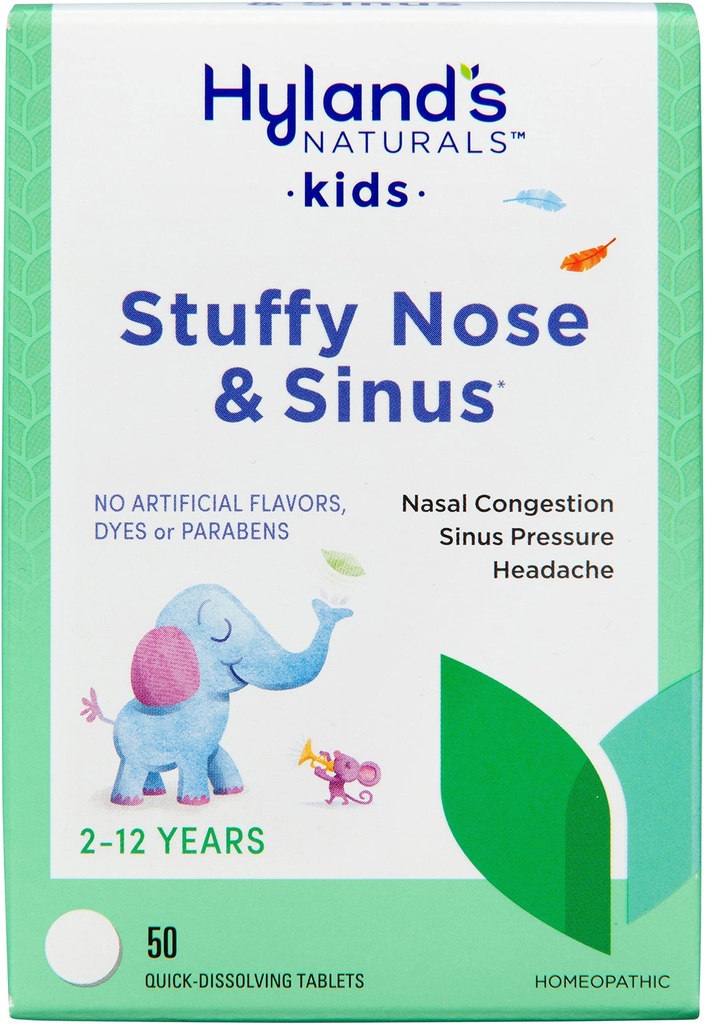 Hyland's Kids Stuffy Nose and Sinus Tablets, Rece Medicine for Children Ages 2 and Up, Heaches Relief and Nasal Decongestant, Quick Dissolving Tablets, 50 Count