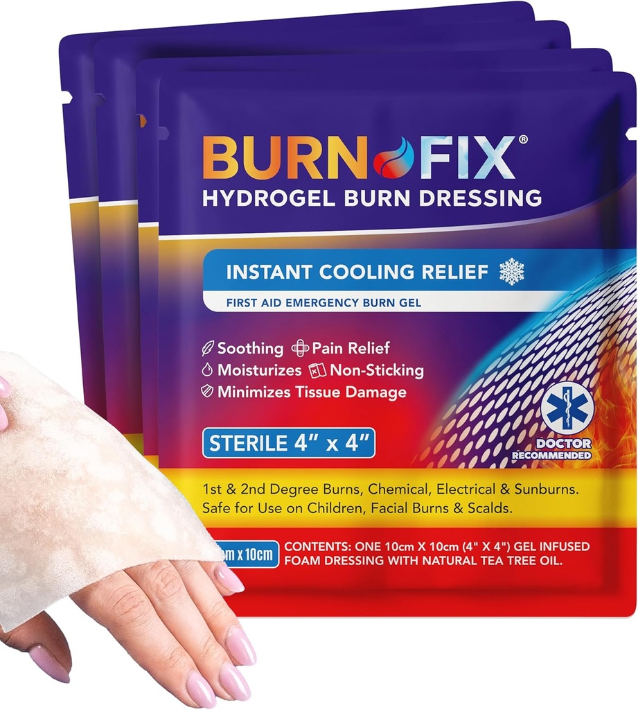 BurnFix® - 4 Pack-Burn Gel Dressing 4 x 4" Burn Care Cream Tratamentul de prim ajutor. Relief durere imediată Hydrogel Burn Dressing pentru 1st, 2nd grad Burns, Razor & Sunburns pentru acasă, locul de muncă, incendiu, EMS