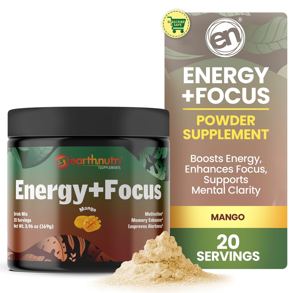 EarthNutri Energy + Focus Powder Supplement - Energy Boost & Helps Concentration with PeakO2, AlphaSize, Cognizin, PurCaf, Theacrine, Acetil L-Carnitine L-Tyrosine 