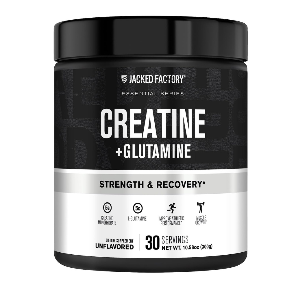 Creatura Fabrica Jacked + Glutamina - Creatina Supliment cu L-glutamina pentru recuperare musculara, crestere musculara, Putere crescuta, Enhanced Energy Output, și Gut Health - 30 Serviri, Nearomatizate