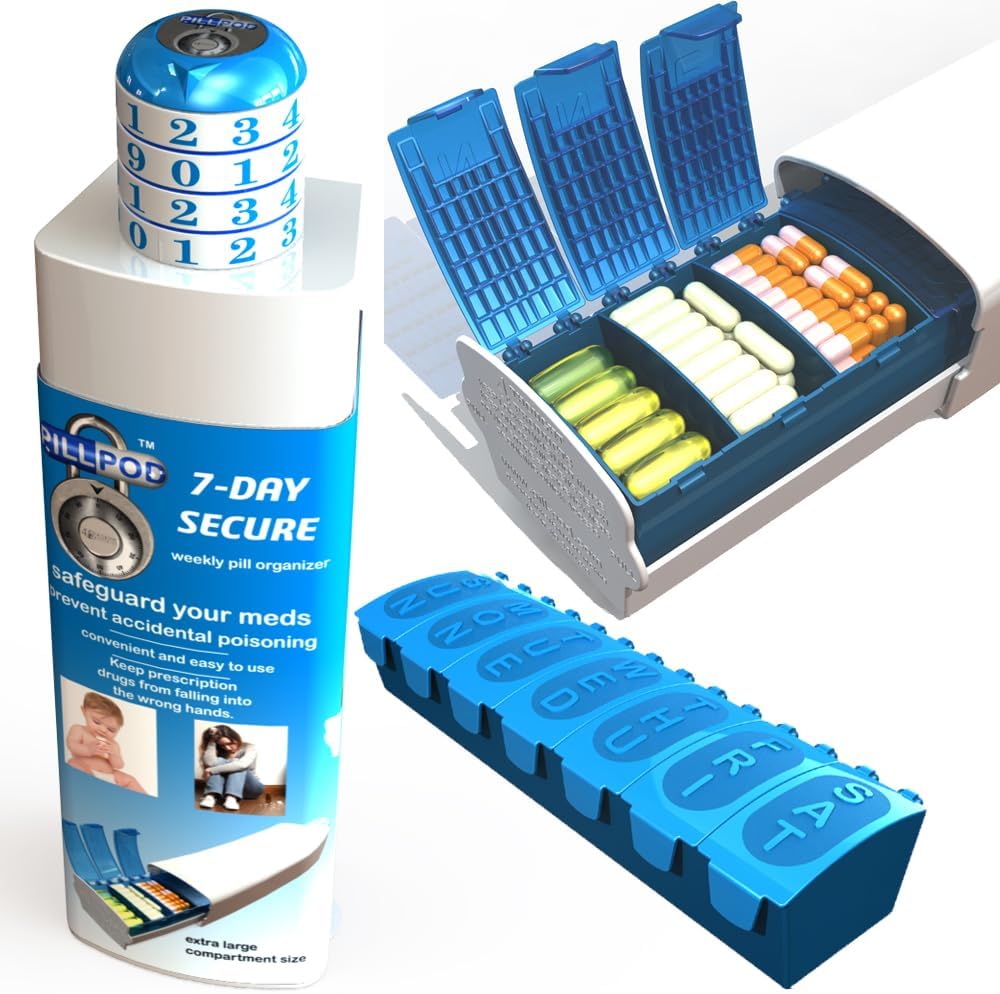 Pill Pod 7 Ziua Secure, Locking Pill Organizator, Copii-Rezistent Medalia Lock Box, Extra Large Săptămânal Pill Planner, Senior Friendly