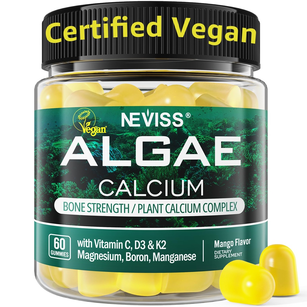 Gume de calciu pentru femei + Magneisum Vitamina D3 K2, C, Zinc, Bor, Sustainable Algae (3rd Party Tested) pentru Os Putere, Nervi, Absoptie de calciu, Sugar Free Calciu Supliment, Vegan, 60 Counts
