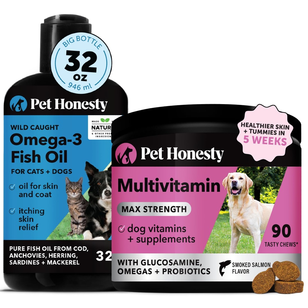 Omega 3 ulei de pește și multivitamine Bundle Max: Wild Caught Omega 3 Supliment & 15-in-1 Vitamine de câine pentru piele, haina, și sănătate (32oz)