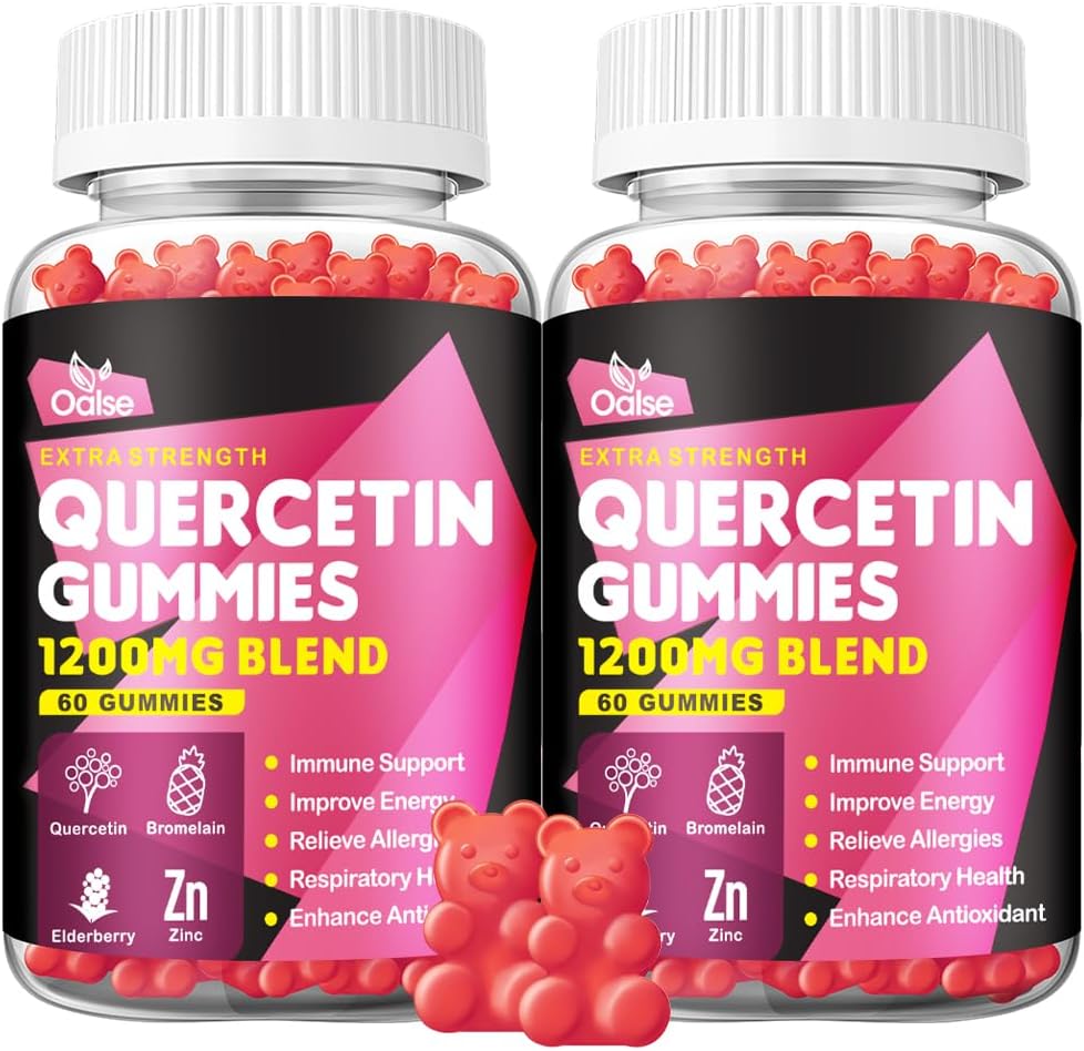 Quercetin Gummies - Querbetin cu vitamina C și zinc + Bromelain + Elderberry + vitamina D3-1200 mg Querbetin Suplimente pentru copii și adulți Imunitatea și sprijinul pentru alergii (2 ambalaj)