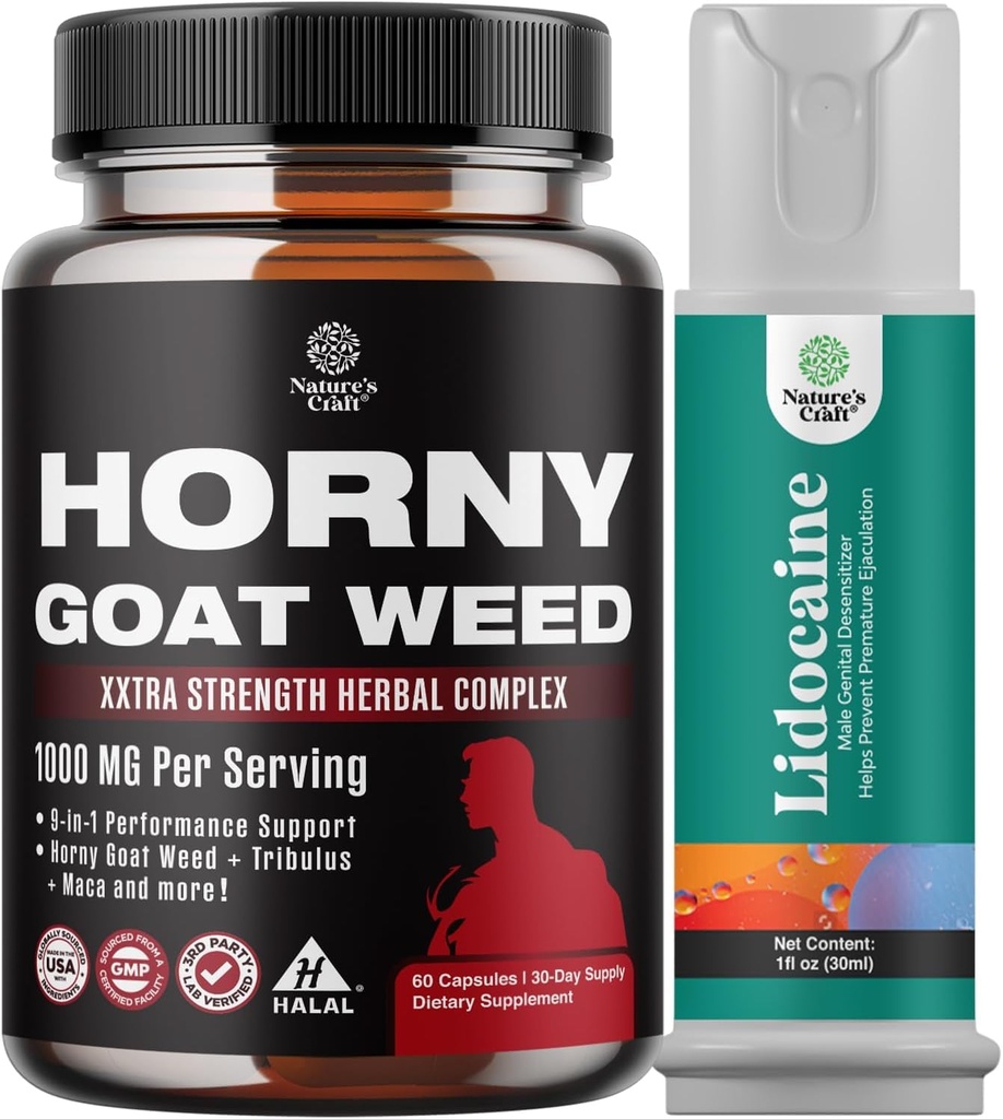 Bundle of Horny Goat Complex de extract de buruieni pentru bărbaţi şi femei a îmbunătăţit energia şi rezistenţa şi Black Maca capsule rădăcină pentru bărbaţi - Invigorating Drive Mood & Energy Booster pentru bărbaţi