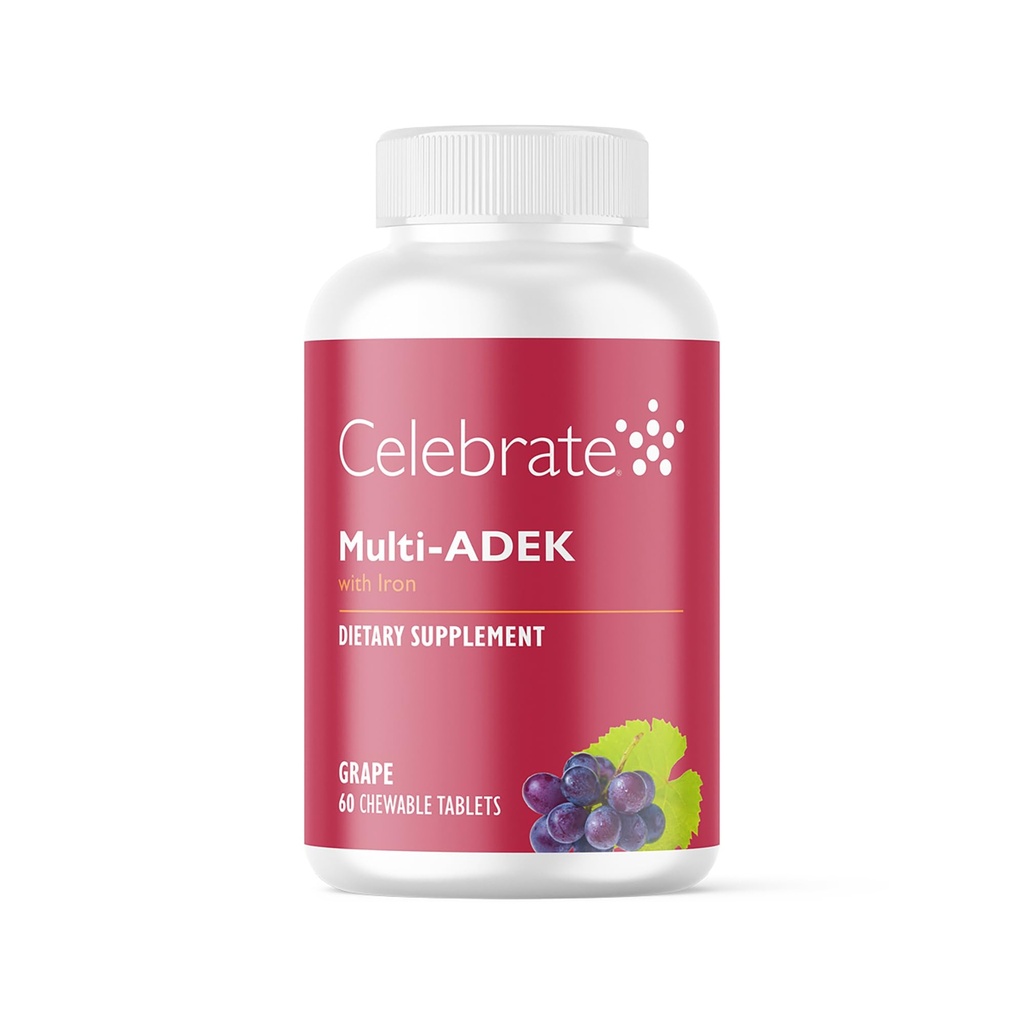 Celebraţi vitaminele Multi ADEK Chewables, 60 mg fier - Zilnic Bariatric Multivitamine, Vitaminele A, D, E, K & B12 pentru pacienţii cu intervenţie chirurgicală cu comutator duodenal - Struguri (60 comprimate)