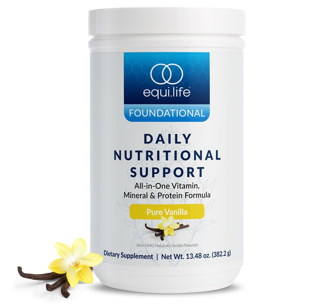 Equilife Daily Nutritional Support, All-in-One Multivitamine Masă de schimb, Aroma de Vanilie Pura, 15G Proteina Planta, Sprijină Wellness Global Inclusiv energie, Digestie, & Piele, 14 Serviri Tub