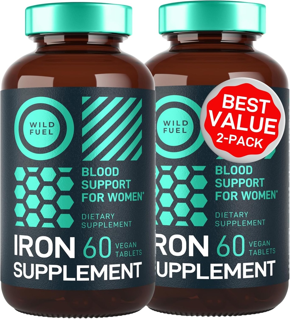 Supliment de fier Vegan pentru femei cu acid folic - 35 mg Builder de sânge feros sulfat, Acid folic 400 mcg - Pastile de fier pentru femei cu anemie si suport de sarcina - 120 Gluten-Free tablete - 2Pack