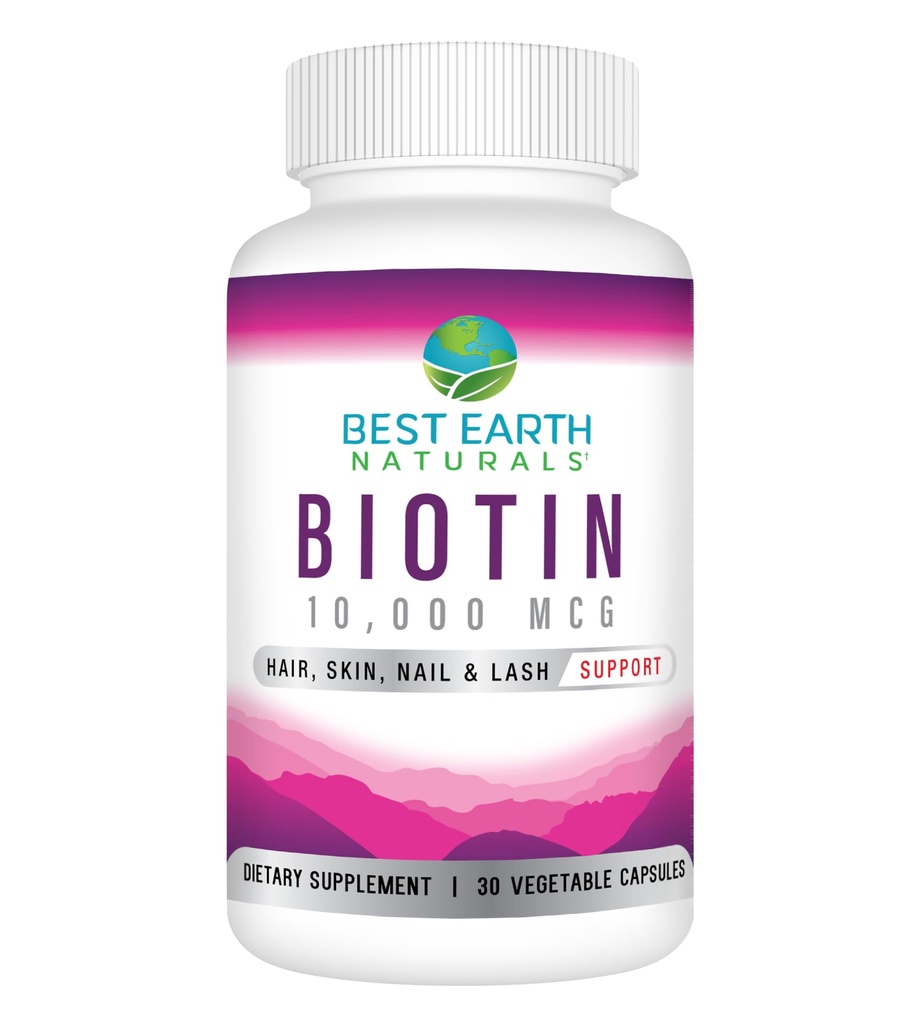 Cel mai bun pământ Naturals Biotin 10.000mcg - Extra Putere Suplimentul de vitamine Biotin pentru a sprijini creșterea părului, unghii puternice, Lashes ochi lungi și piele sănătoasă