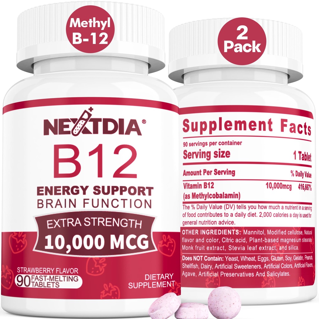 B12 Vitamine 10.000 mcg, Vitamina metilat B12 Sublingual - Boost energetic, Focus, Metabolizare & Brain Health Support, Immune System Support, Dizolvare rapidă, Aroma naturală de căpșuni, 180 Serviri