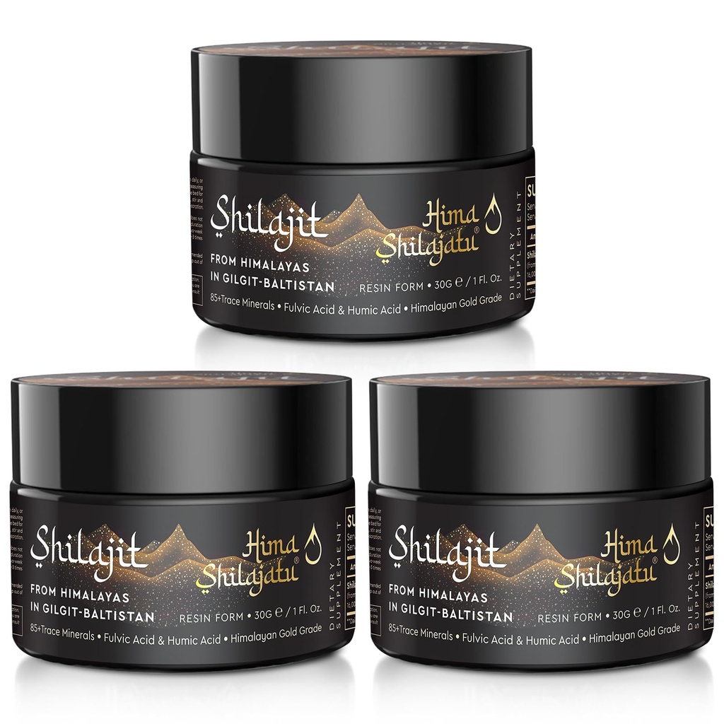 Silajit Purest Himalayan Organic Shilajit Resin - Grad de aur 100% Puritate Silajit cu acid furnal & 85+ Complex de Minerale Trace pentru Energie & Suport Imun, Pachet de 3 (6 luni de aprovizionare)